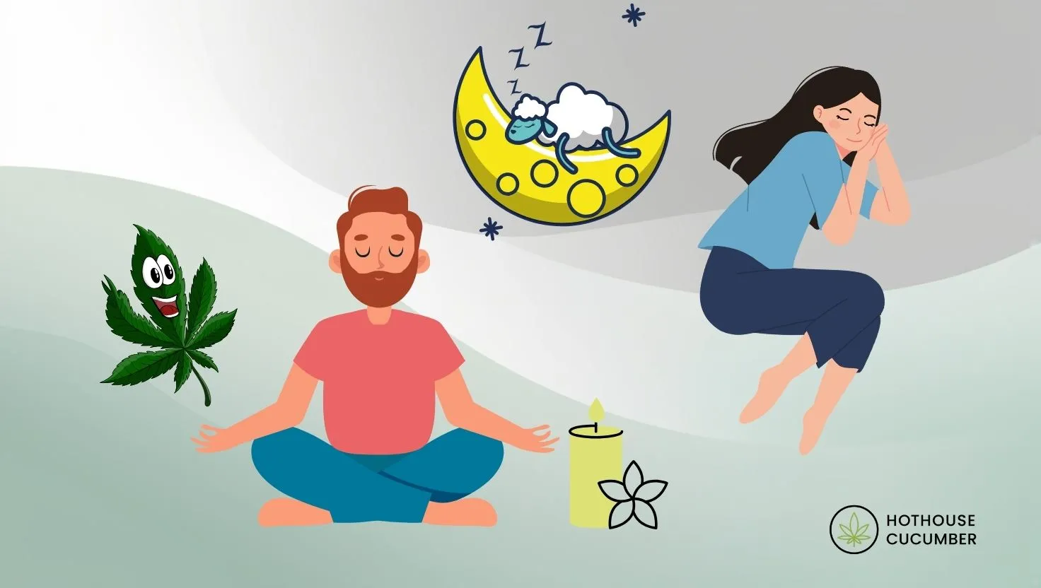 Ilustrācijā parādīta CBNO relaksējošā un nomierinošā iedarbība, papildināta ar HothouseCucumber logotipu