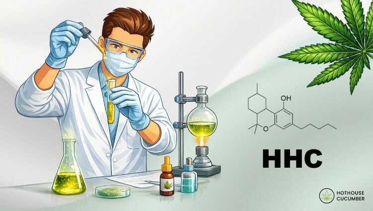 A scientist in a laboratory with test tubes creating HHC on the left, the chemical formula for HHC on the right, a cannabis leaf at the top right, and the HotHouse Cucumber logo at the bottom right