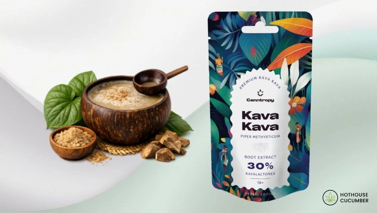 Kava Kava traditional preparation on the left and Kava Kava powder product on the right, HotHouse logo at the bottom right