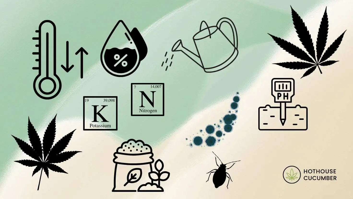 Ilustracja przedstawiająca najczęstsze problemy napotykane przy uprawie konopi – brak składników odżywczych (azot, potas), niewłaściwa temperatura, wilgotność, nieodpowiednie pH gleby, nadmierne podlewanie, pleśń, szkodniki i niewystarczające nawożenie