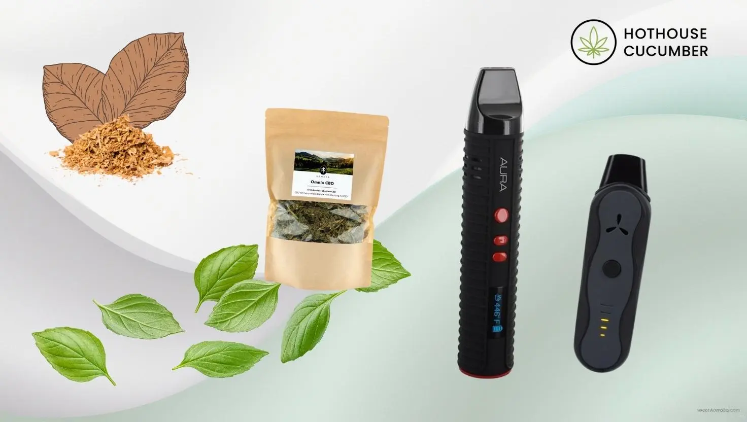 Dried tobacco and CBD herbs from Omnia CBD, along with portable vaporizers from Flowermate Aura and AirVapeXS