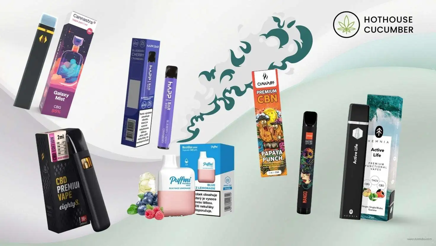 A product collage of popular disposable e-cigarettes and vapes from Cannastra, Happ Bar, Eighty8 , Puffmi, CannaPuff and Hemnia displayed with the Hothouse Cucumber logo in the corner