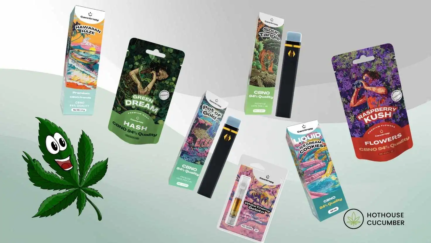 Dažādi CBNO produkti no Canntropy, piemēram, vape pildspalvas, hašišs, ziedi, šķidrumi un kārtridži