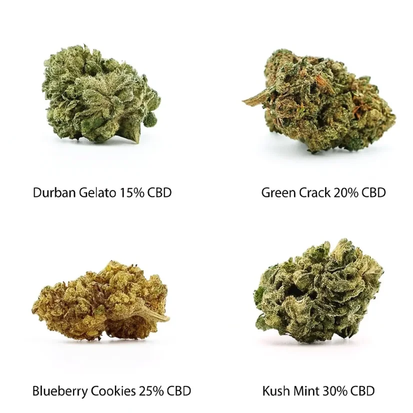 CBD Flowers sample set - Durban Gelato 15% CBD, Green Crack 20% CBD, Blueberry Cookies 25% CBD, Kush Mint 30% CBD, 4 x 1 g