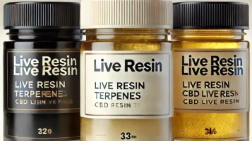 Tři nádoby, jedna černá s live resin a dvě průhledné s live resin terpeny a CBD live resin