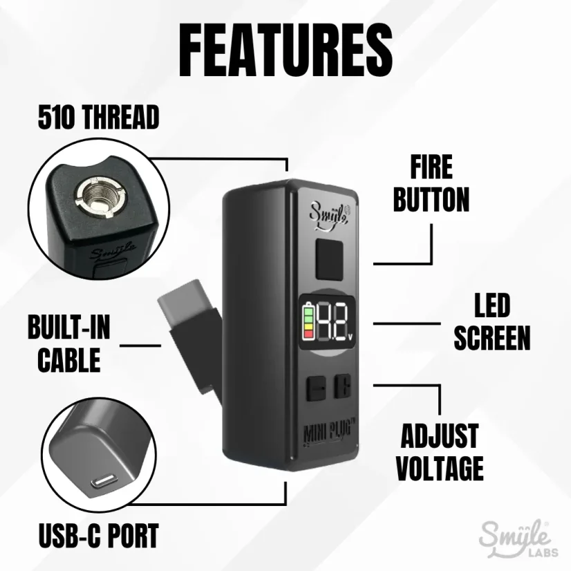 Smyle Labs Mini Plug 510 Cart Battery z wbudowanym kablem USB-C, regulacją napięcia, wyświetlaczem LED - losowy kolor