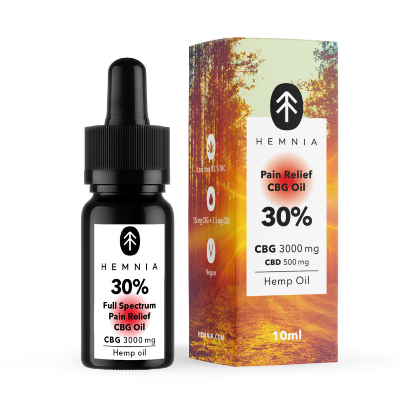 Olej CBG o pełnym spektrum działania przeciwbólowego Hemnia - 30% CBG, 5% CBD, 3000 mg, 10 ml