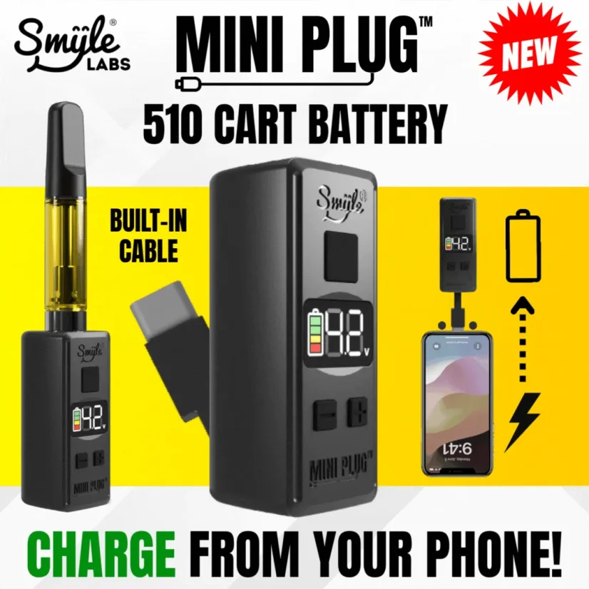 Smyle Labs Mini Plug 510 Cart Battery z wbudowanym kablem USB-C, regulacją napięcia, wyświetlaczem LED - losowy kolor