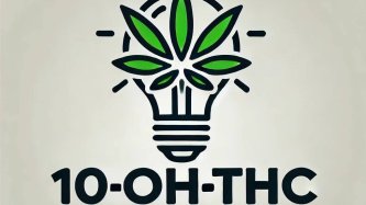Żarówka z liściem konopi i napisem pod spodem: 10-OH-THC