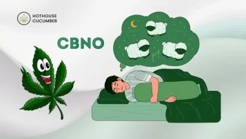 Iliustracijoje pavaizduotas CBNO kaip natūrali miego pagalba, kartu su „HotHouseCucumber“ logotipu