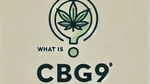 Tekst: Co to jest CBG9?, któremu towarzyszy ilustrowany liść konopi indyjskich