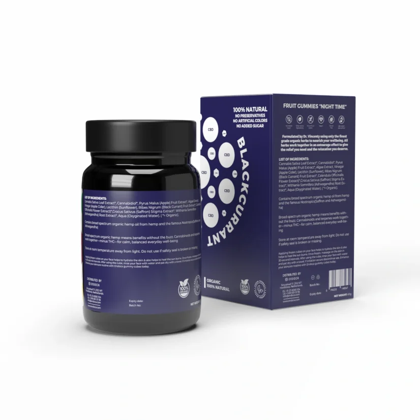 Endoca CBD Gummis für die Nacht, 25 mg CBD, 25 mg CBN, Geschmack nach schwarzer Johannisbeere, 30 Stück, 60 g