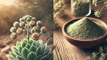 Na levi je kanna (Sceletium tortuosum), ki divje raste v Južni Afriki, na desni je izvleček kanne (prah) v posodi.