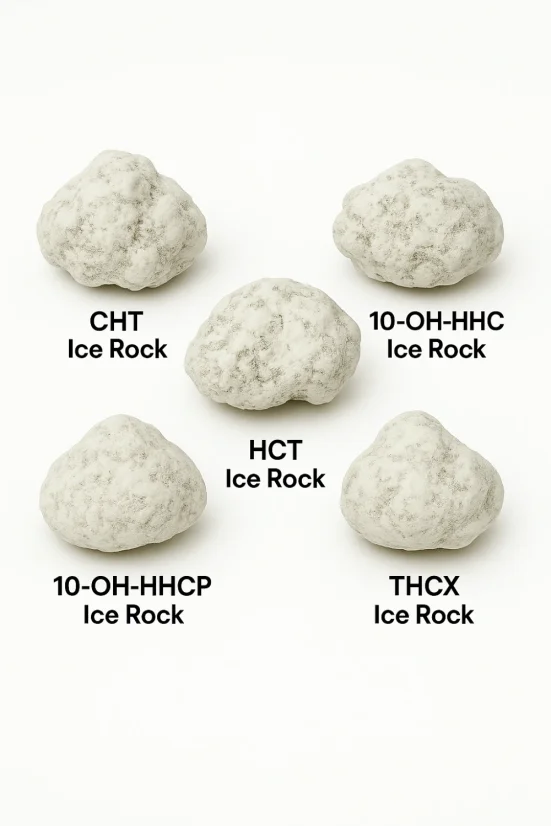 Komplet vzorce Ice Rock Flowers – CBD Ice Rock, 10-OH-HHC Ice Rock, HCT Ice Rock, 10-OH-HHCP Ice Rock, THCX Ice Rock, 5 x 1 g