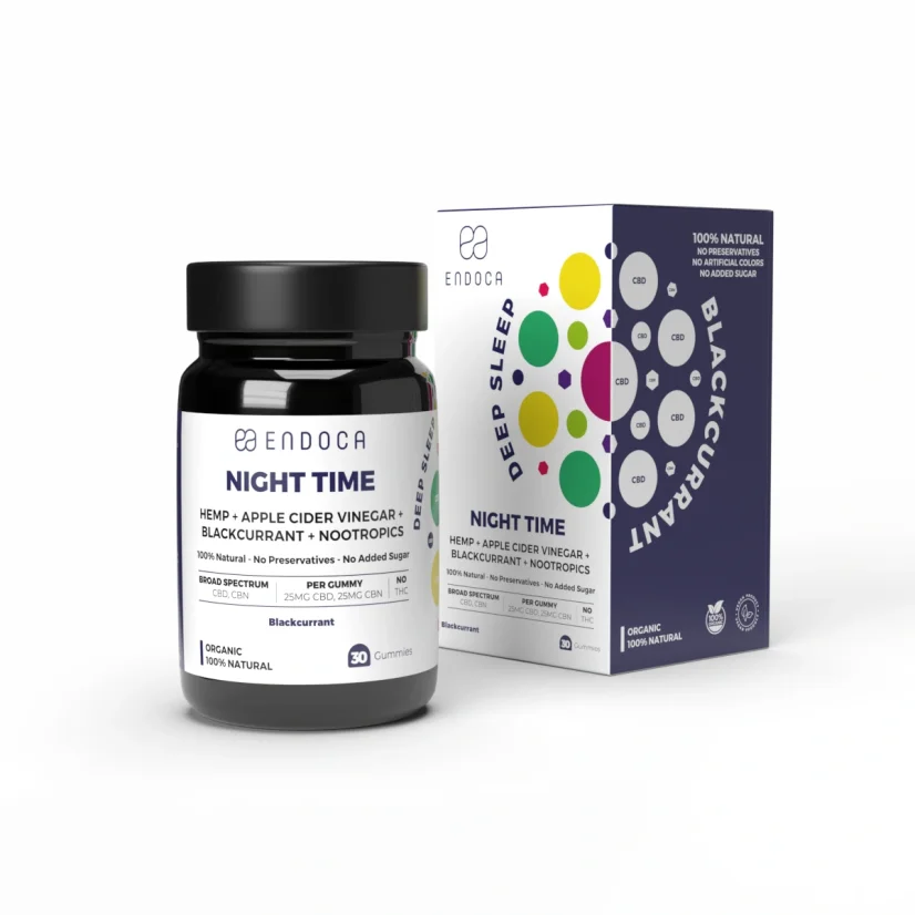 Endoca CBD Gummis für die Nacht, 25 mg CBD, 25 mg CBN, Geschmack nach schwarzer Johannisbeere, 30 Stück, 60 g
