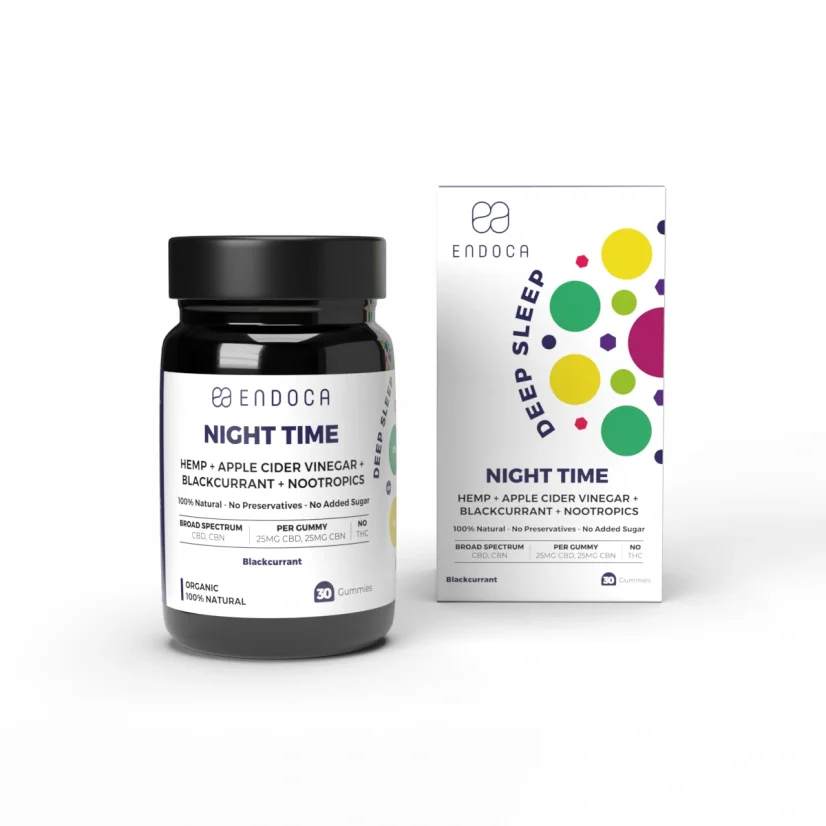 Endoca CBD Gummis für die Nacht, 25 mg CBD, 25 mg CBN, Geschmack nach schwarzer Johannisbeere, 30 Stück, 60 g