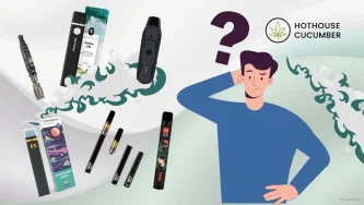 Ilustracja mężczyzny decydującego między różnymi waporyzatorami i e-papierosami z logo Hothouse Cucumber w prawym górnym rogu.