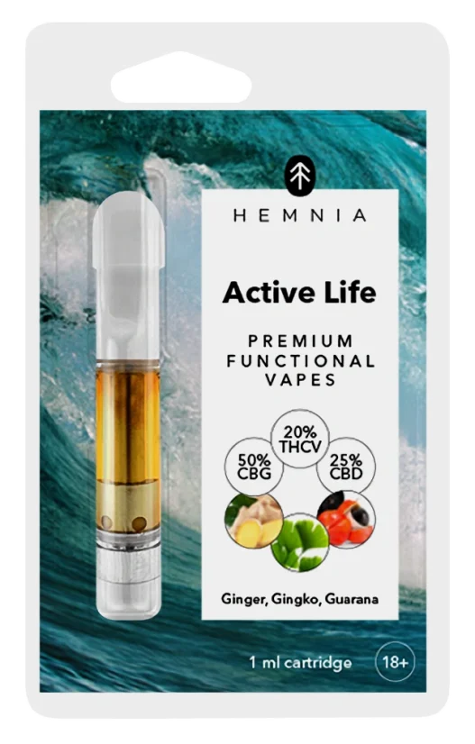 Hemnia Active Life - Cartridge, THCV 20 %, CBG 50 %, CBD 25 %, Ginger, gingko biloba, guarana, 1 ml