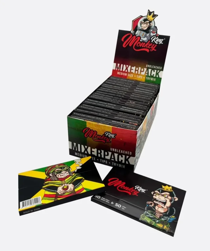 Monkey King Średnie bibułki 1¼ z końcówkami filtrującymi Trymix, 1 książeczka