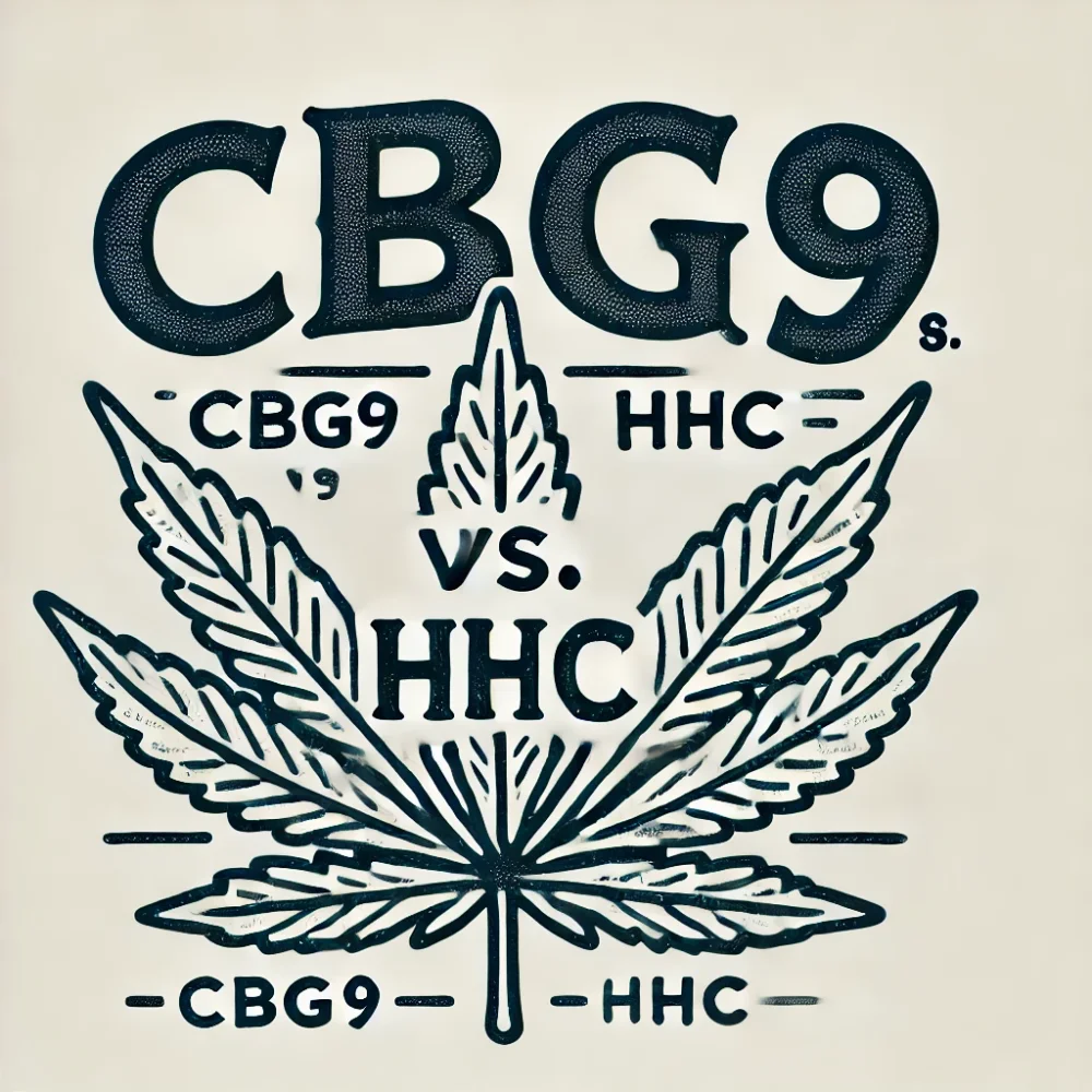 Black and white picture showing zext: CBG9 vs. HHC, complete with hemp leaf