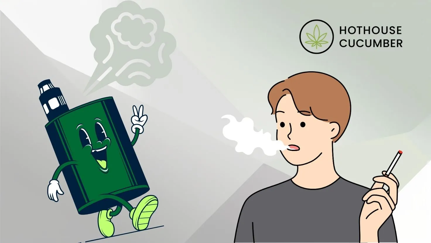Vaping vs. smoking, an animated vaporizer with a smile, and an animated man smoking a cigarette