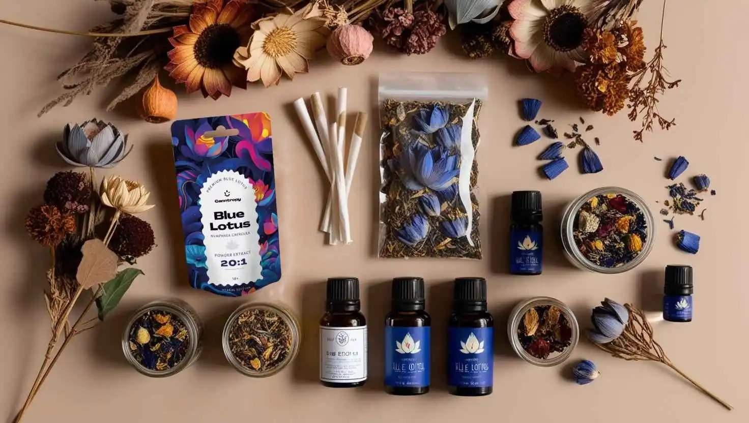 Products with Blue Lotus, Canntropy Blue Lotus extract, dried flowers, tea blends, prerolls and essential oils and extracts