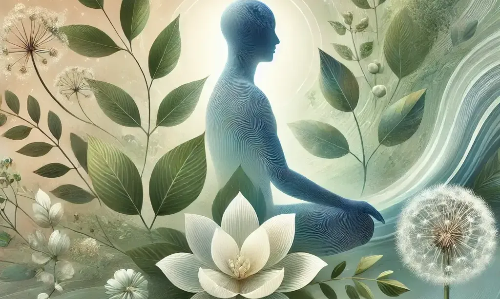 Ilustracija prikazuje učinke rastline na duševno zdravje. Figura sedi v meditativnem položaju in je obdana z mehko svetlobo ter motivi listov in cvetov, kar simbolizira pomirjujoče in sproščujoče učinke kanne ter to, da lahko pomaga pri odpravljanju stresa, tesnobe in depresije