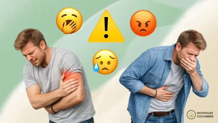 Man experiencing arm pain and nausea next to warning symbols