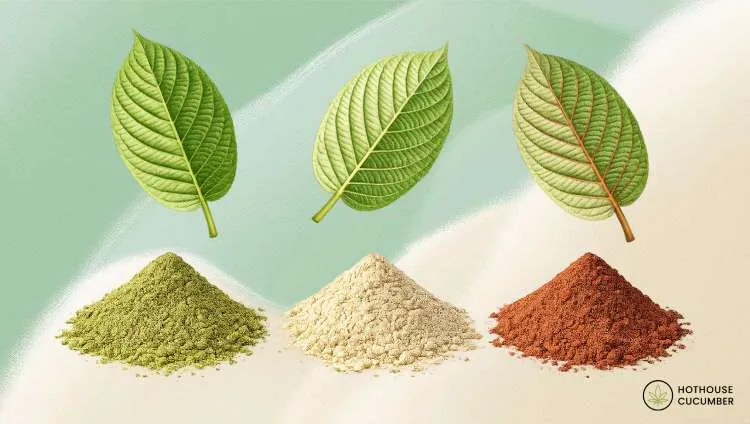 Three types of kratom powder with leaves in green, white, and red varieties