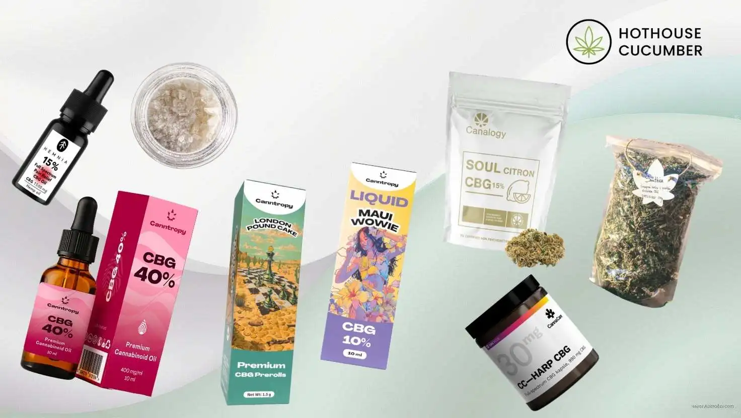 Various CBG products like Hemnia CBG oil, Canntropy CBG oil, liquid, preroll, CBG isolate, flowers, tea and capsules