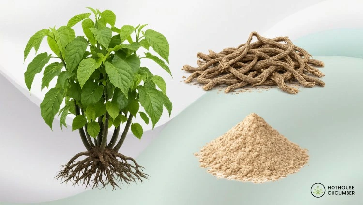 Kava Kava shrub on the left, Kava Kava roots on the top right, Kava Kava powder on the bottom right, HotHouse logo on the bottom right