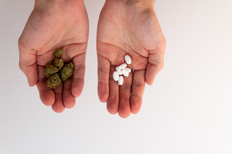 Možná interakcia CBD s liekmi - ruky držiace tabletky a marihuanu v oddelených rukách