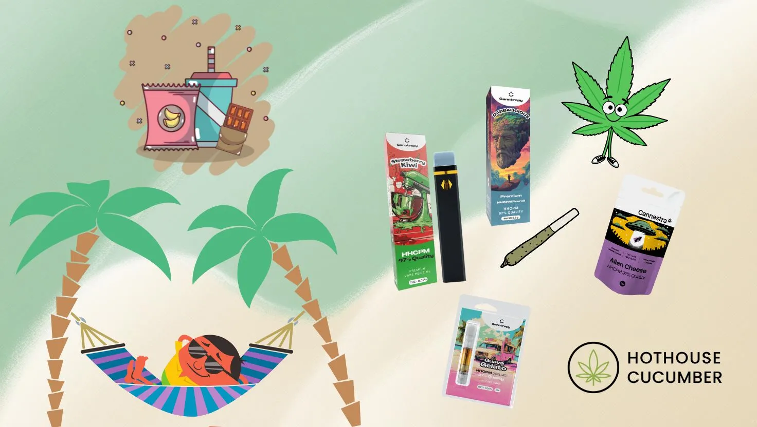 Illustration depicting the possible relaxing effects of HHCPM and increased appetite, HHCPM products on the right, accompanied by the HothouseCucumber logo