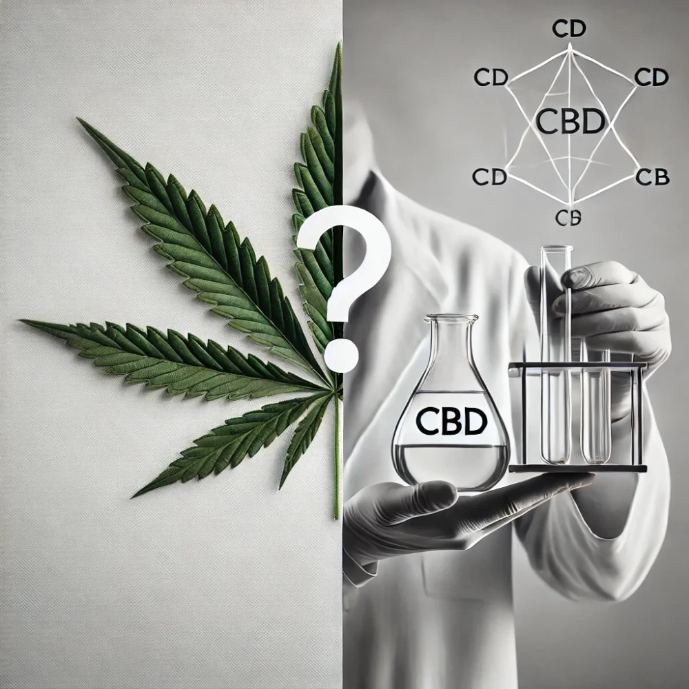 On the left is a hemp leaf, with a question mark in the middle, and on the right a scientist's hand holding a flask of CBD, from which CBG9 is produced